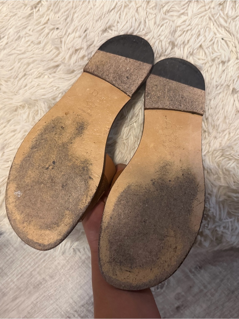 Dior Tan Leather and Fabric Logo Slide Sandals - Picture 5 of 6